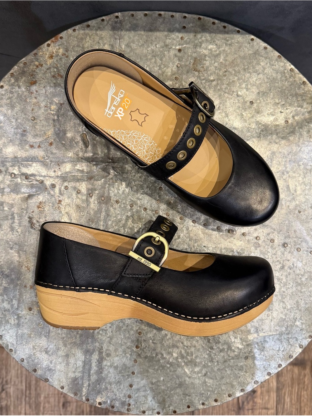 Dansko Black Leather  XP Mary Jane Clogs with Tan Wood-Look Platform